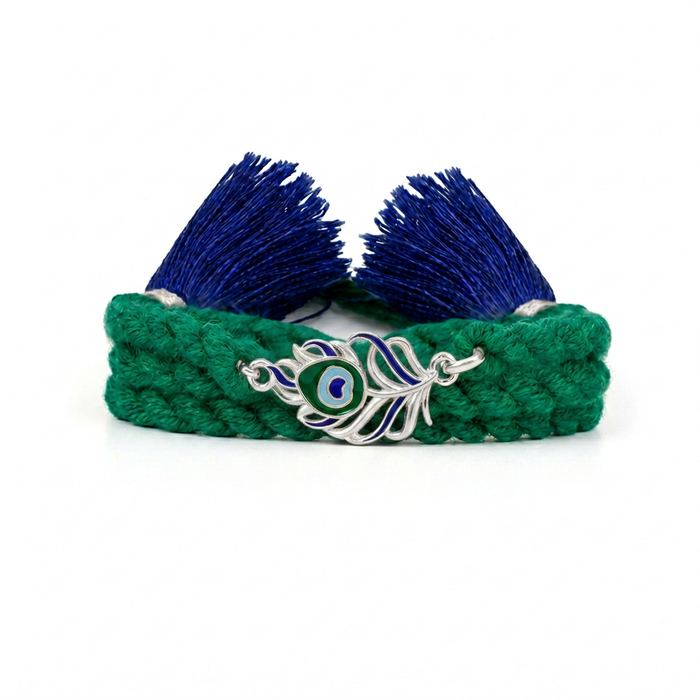 Peacock Feather Oxidised and Rhodium Plated Silver Rakhi Combo