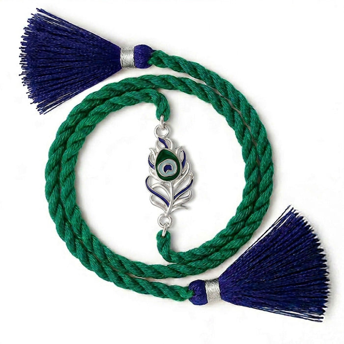 Peacock Feather Oxidised and Rhodium Plated Silver Rakhi Combo