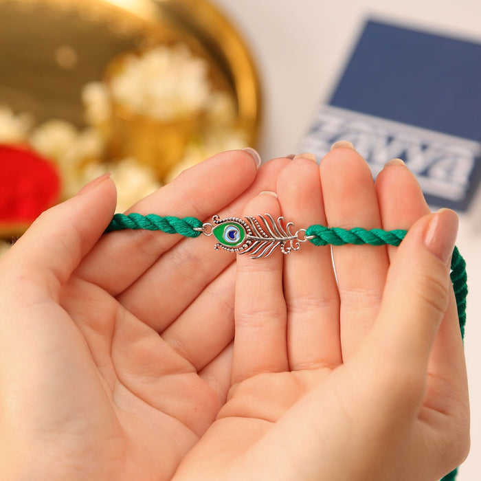 Peacock Feather Oxidised Silver Rakhi (Zavya Signature)