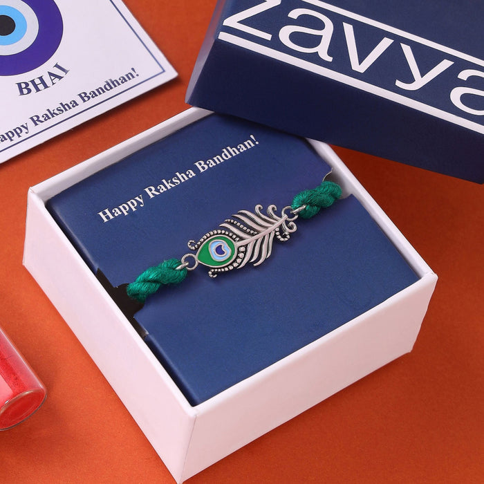 Peacock Feather Oxidised Silver Rakhi (Zavya Signature)