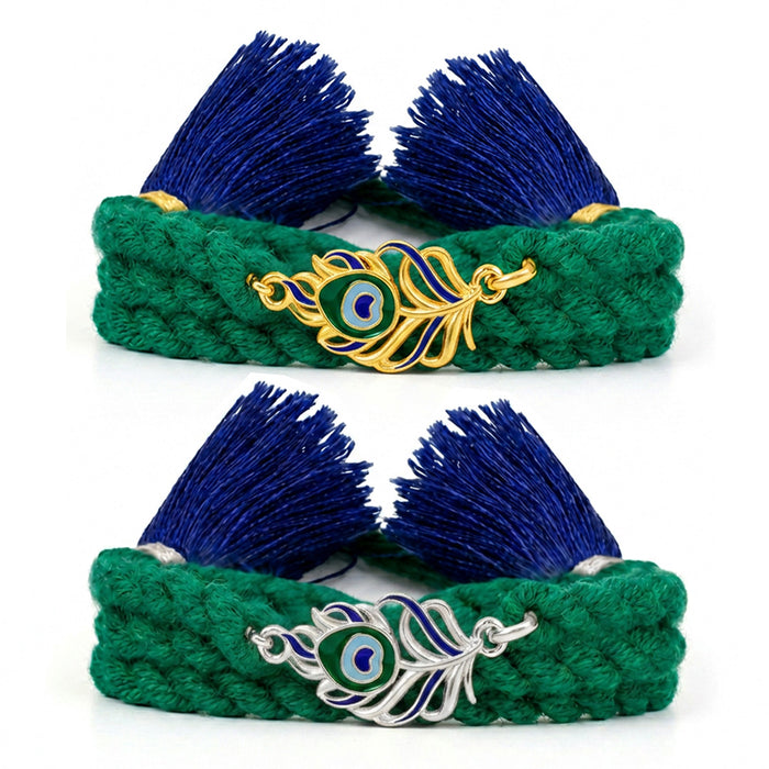 Peacock Feather Rhodium and Gold Plated 925 Silver Rakhi Combo