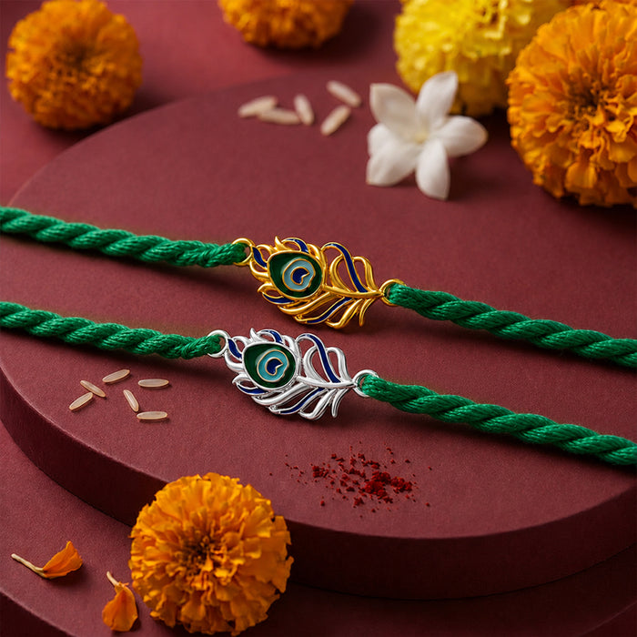 Peacock Feather Rhodium and Gold Plated 925 Silver Rakhi Combo