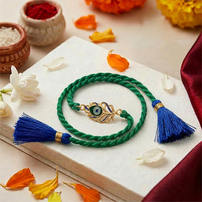 Peacock Feather Rhodium and Gold Plated 925 Silver Rakhi Combo