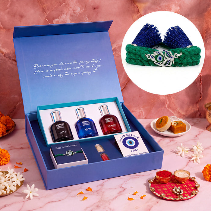 Peacock Feather Rhodium Plated Silver Rakhi Bombay Shaving Perfume Gift Hamper