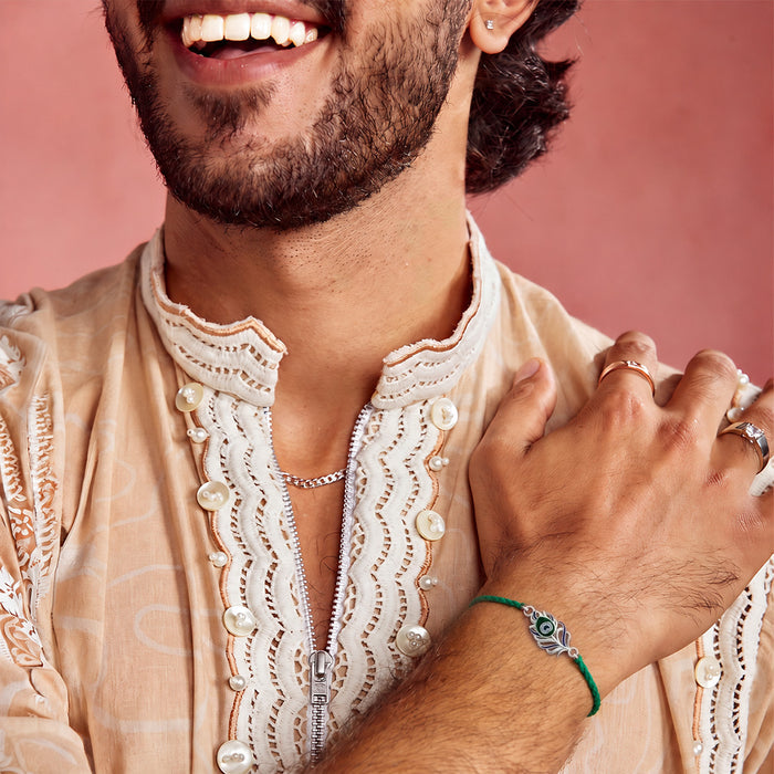 Peacock Feather Rhodium Plated Silver Rakhi Bombay Shaving Perfume Gift Hamper