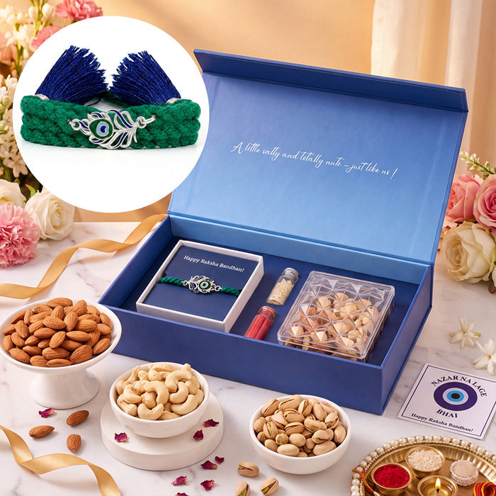 Peacock Feather Rhodium Plated Silver Rakhi Dry Fruits Gift Hamper
