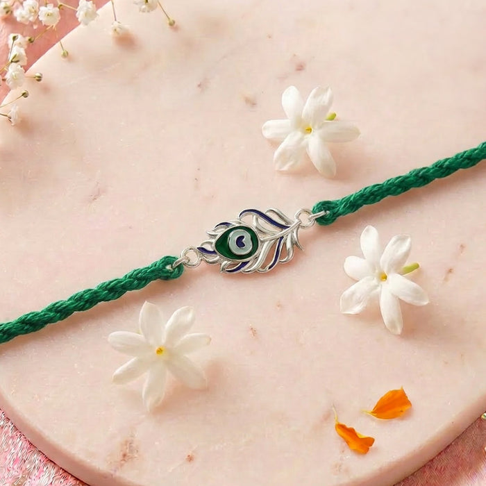 Peacock Feather Silver Rakhi (Zavya Signature)