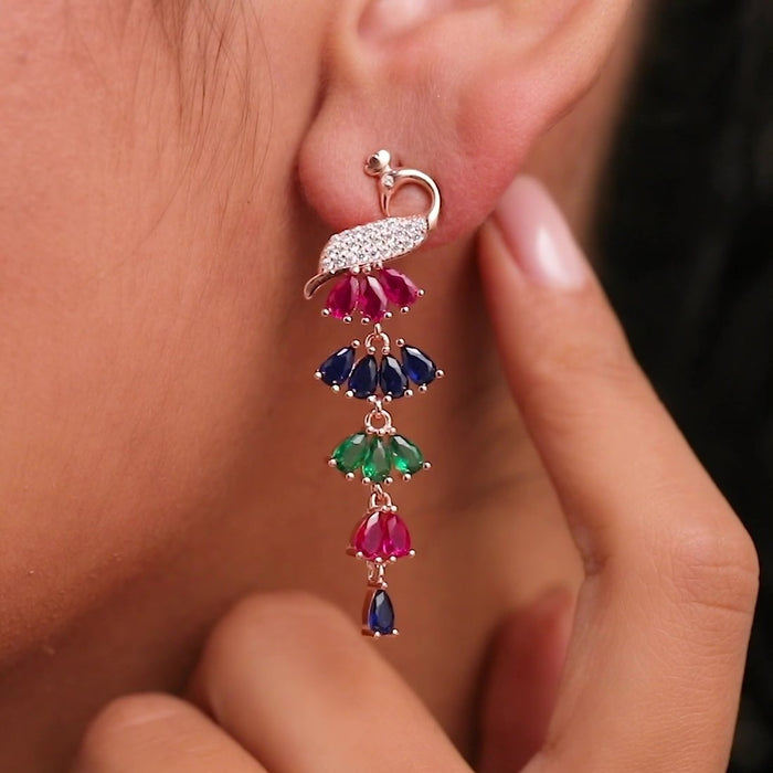 Peacock Rose Gold Plated Cubic Zirconia 925 Sterling Silver Drop Earrings