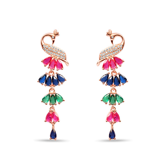Peacock Rose Gold Plated Cubic Zirconia 925 Sterling Silver Drop Earrings