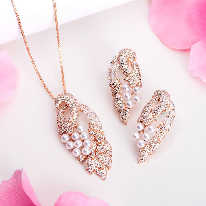 Peacock Splendor Elegance Rose Gold-Plated 925 Sterling Silver Jewelry Set