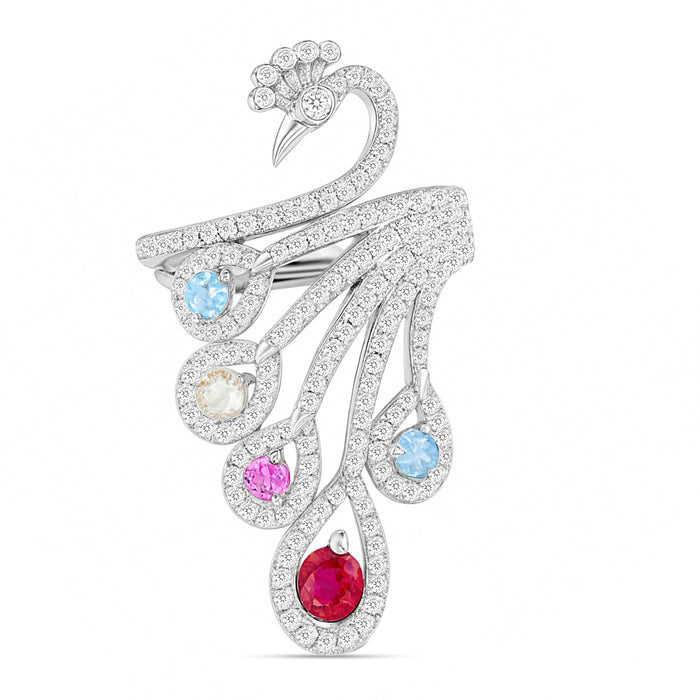 Peacock’s Wings of Wonder Rhodium Plated Ring (Adjustable)