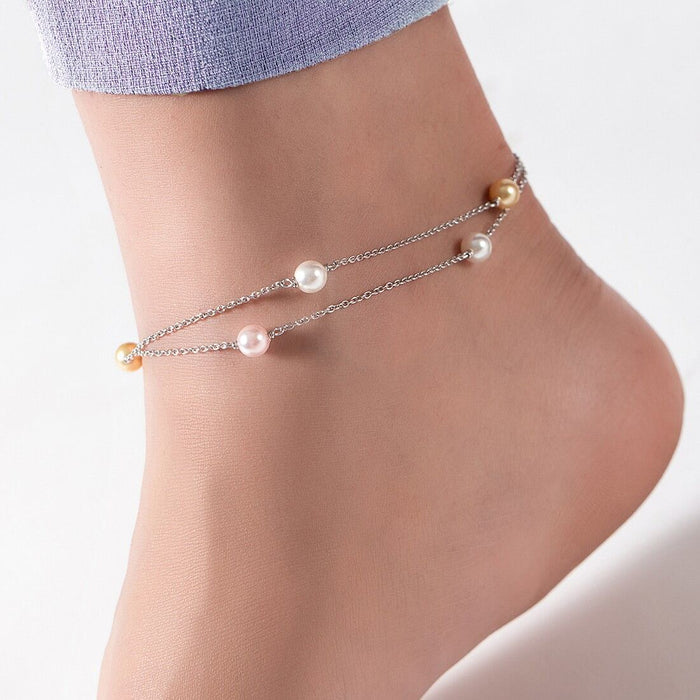 Pearl 925 Sterling Silver Chained Anklet in Rhodium Plating