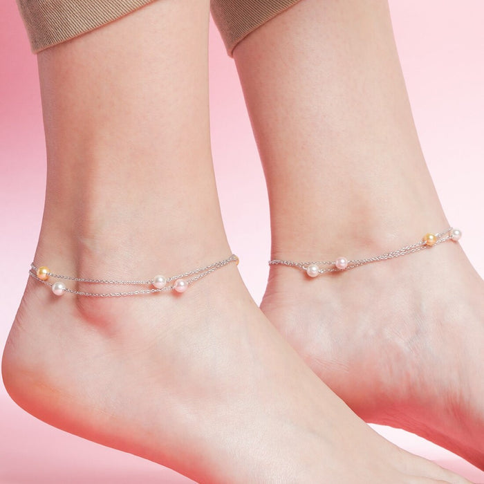 Pearl 925 Sterling Silver Chained Anklet in Rhodium Plating