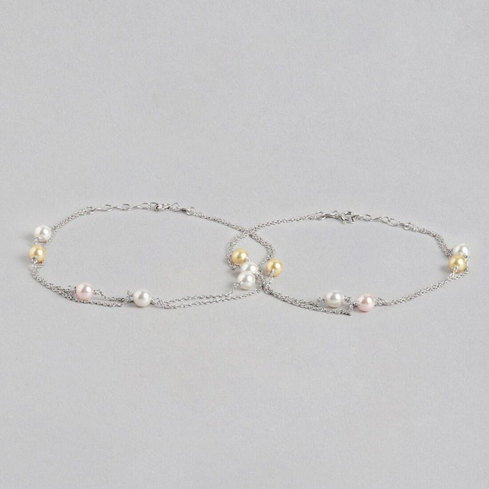 Pearl 925 Sterling Silver Chained Anklet in Rhodium Plating