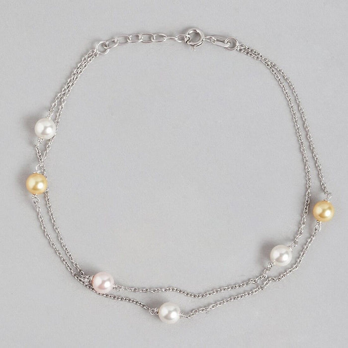Pearl 925 Sterling Silver Chained Anklet in Rhodium Plating