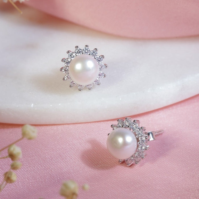 Pearl and CZ Delight Rhodium Plated CZ 925 Sterling Silver Earrings