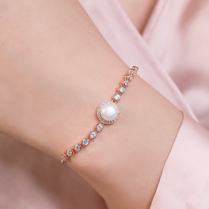 Pearl and CZ Ensemble Rose Gold 925 Sterling Silver Bracelet