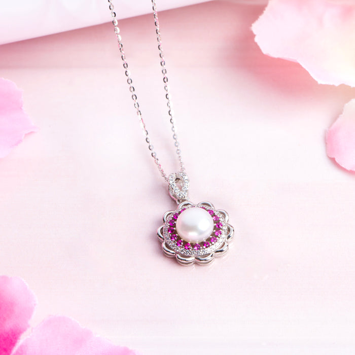 Pearl Blossom CZ Harmony Rhodium-Plated 925 Sterling Silver Necklace