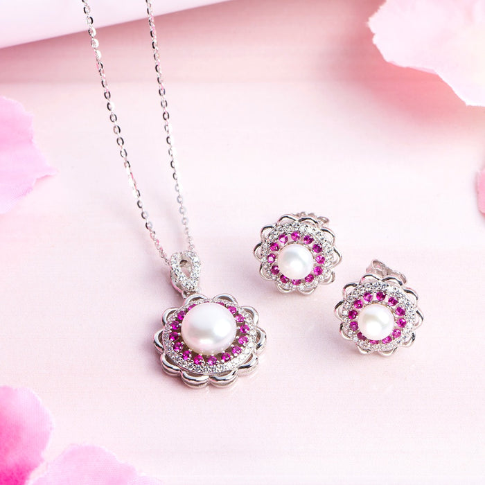 Pearl Blossom Harmony Rhodium-Plated 925 Sterling Silver Jewelry Set
