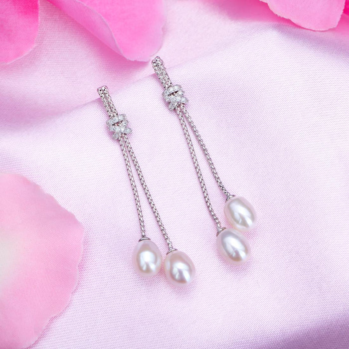 Pearl Cascade Elegance Rhodium-Plated 925 Sterling Silver Box Chain Earrings