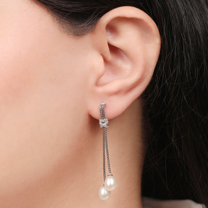 Pearl Cascade Elegance Rhodium-Plated 925 Sterling Silver Box Chain Earrings