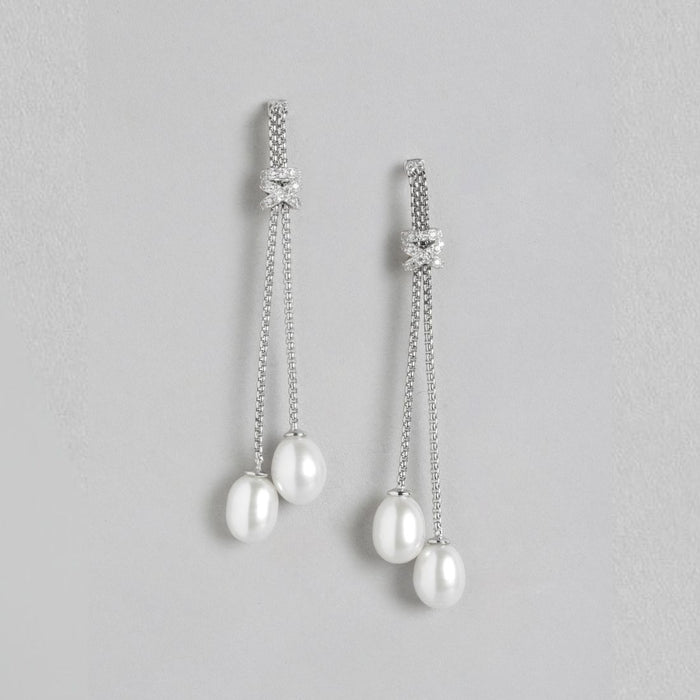 Pearl Cascade Elegance Rhodium-Plated 925 Sterling Silver Box Chain Earrings