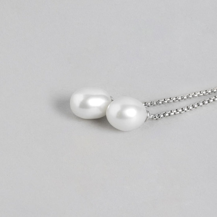 Pearl Cascade Elegance Rhodium-Plated 925 Sterling Silver Box Chain Earrings