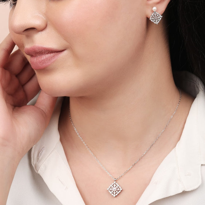 Pearl-CZ Blossom Harmony Rhodium-Plated 925 Sterling Silver Jewelry Set
