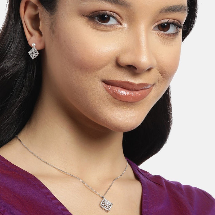 Pearl-CZ Blossom Harmony Rhodium-Plated 925 Sterling Silver Jewelry Set