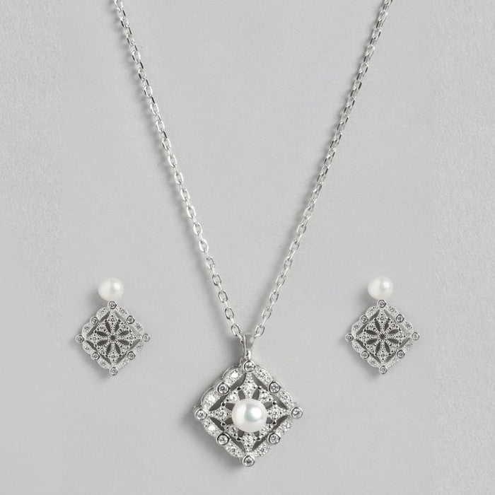 Pearl-CZ Blossom Harmony Rhodium-Plated 925 Sterling Silver Jewelry Set