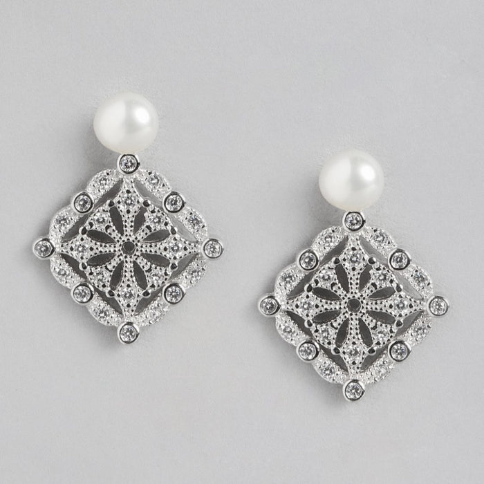 Pearl-CZ Blossom Harmony Rhodium-Plated 925 Sterling Silver Jewelry Set