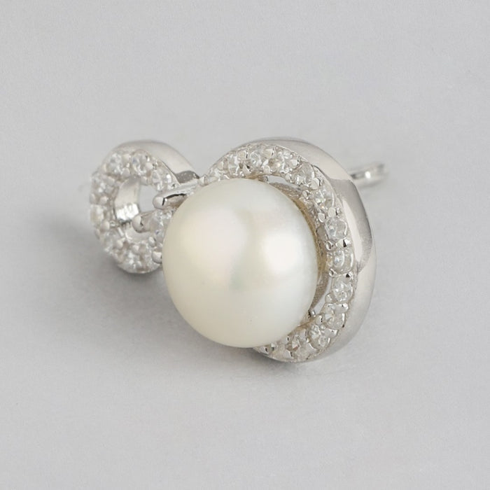 Pearl-CZ Circle Radiance Rhodium-Plated 925 Sterling Silver Earrings