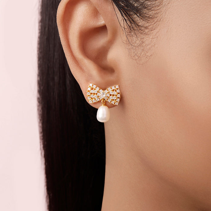 Pearl CZ Gold Plated 925 Sterling Silver Earrings