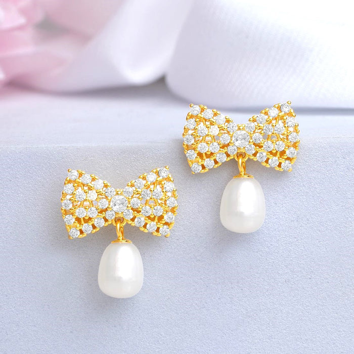 Pearl CZ Gold Plated 925 Sterling Silver Earrings