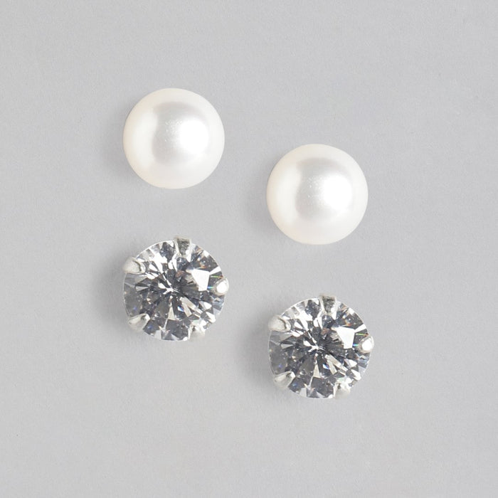 Pearl-CZ Rhodium Plated 925 Sterling Silver Studs Combo
