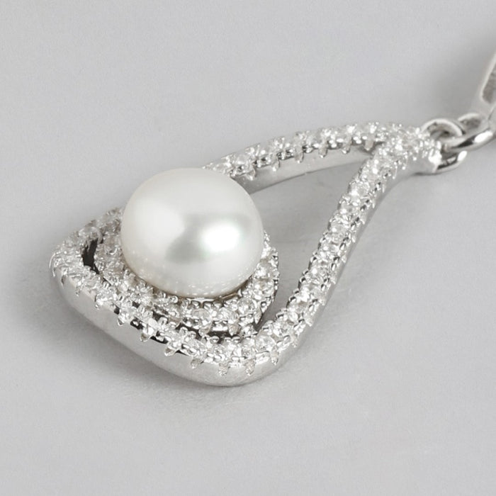 Pearl Drop CZ-Studded Rhodium Plated 925 Sterling Sterling Silver Drop Earring