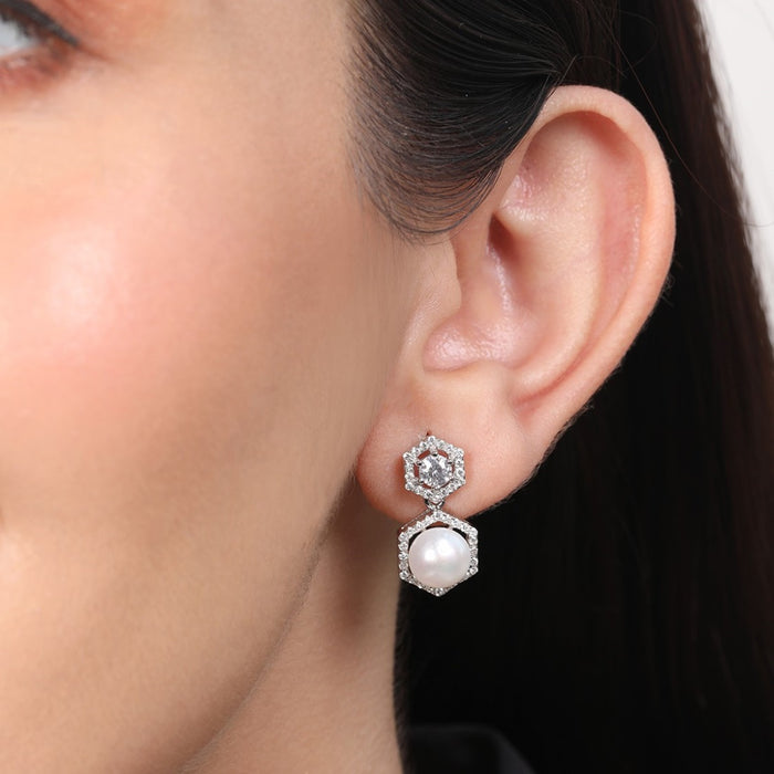 Pearl Elegance Radiance Rhodium-Plated 925 Sterling Silver Earrings