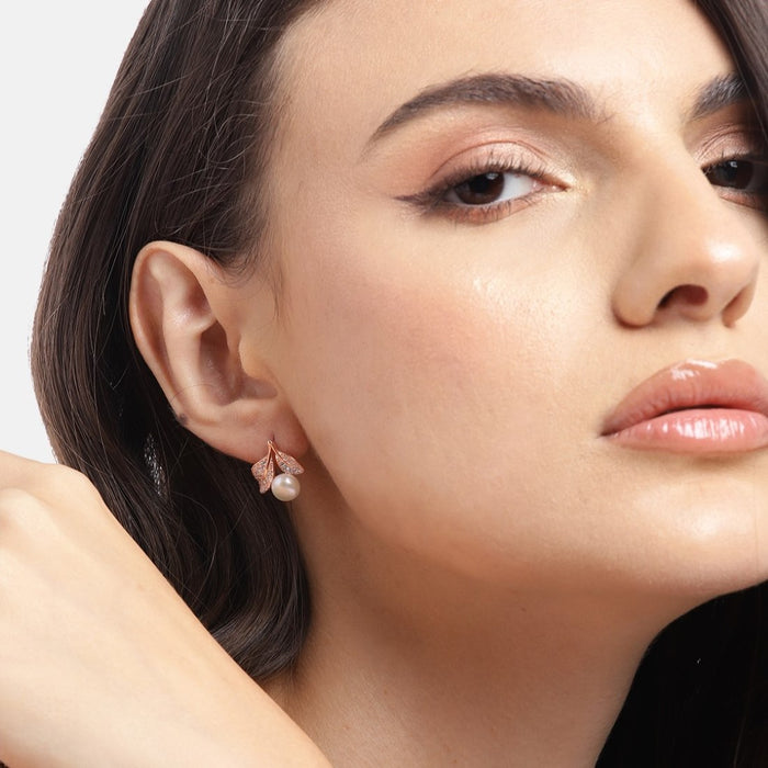 Pearl Elegance Rose Gold-Plated CZ & Freshwater Pearl 925 Sterling Silver Earrings