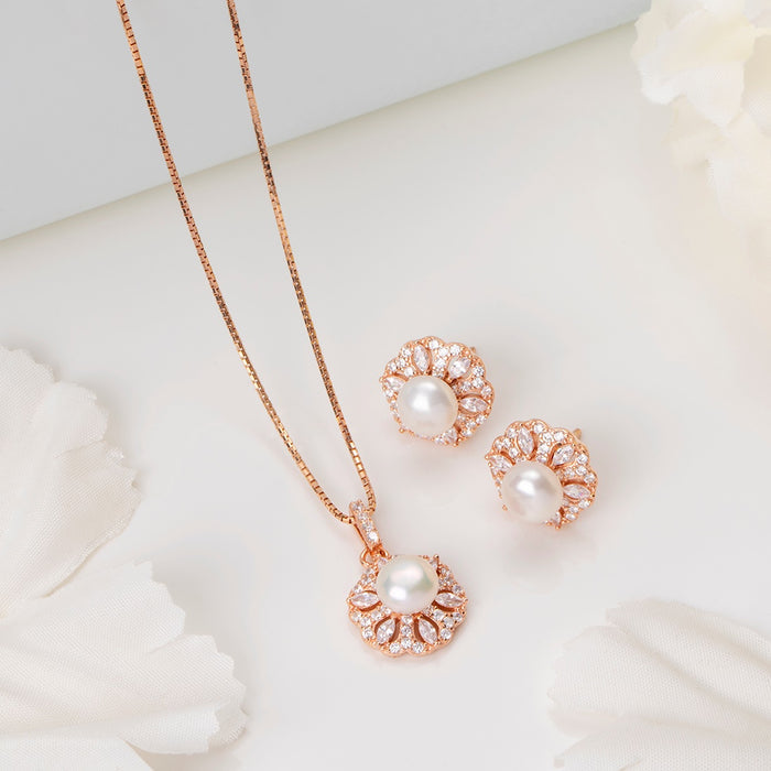Pearl Elegance Rose Gold-Plated CZ & Pearl 925 Sterling Silver Set
