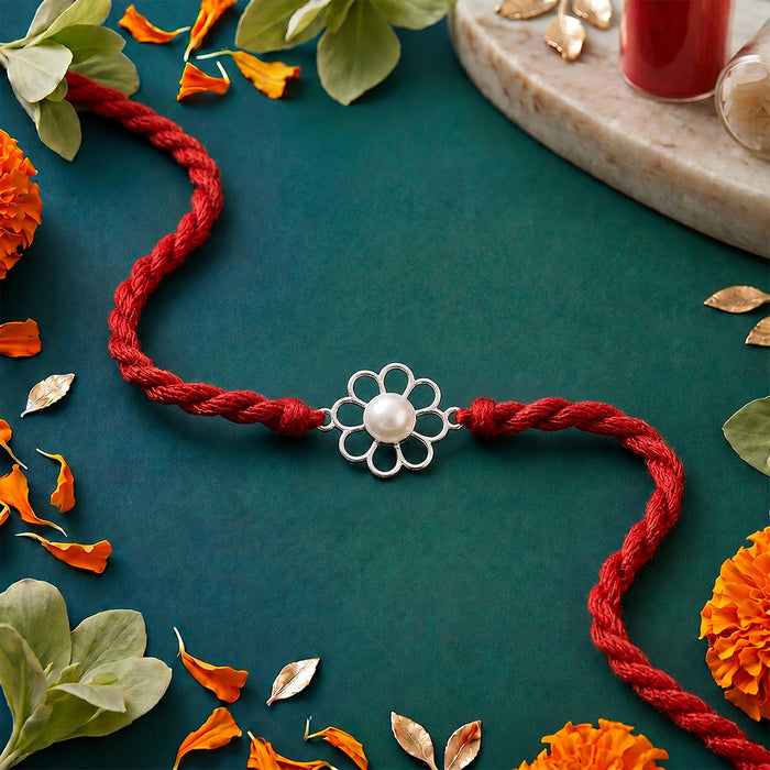 Pearl Floral Silver Rakhi for Bhai