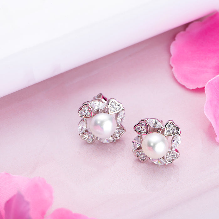 Pearl Heartbeat Rhodium Plated 925 Sterling Silver Stud Earring