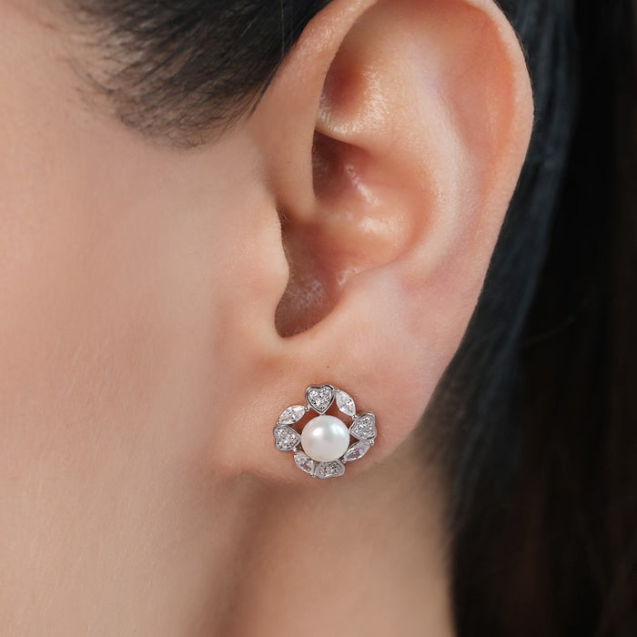 Pearl Heartbeat Rhodium Plated 925 Sterling Silver Stud Earring