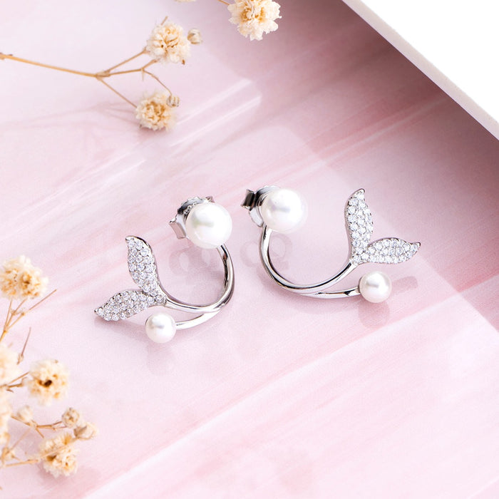 Pearl of the Sea Rhodium-Plated 925 Sterling Silver 2-Way Fish Tail Earrings