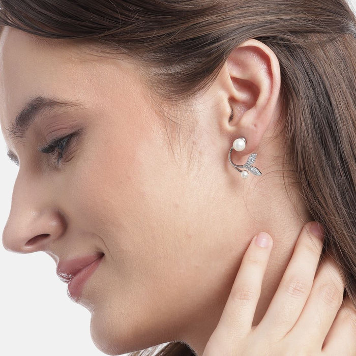 Pearl of the Sea Rhodium-Plated 925 Sterling Silver 2-Way Fish Tail Earrings