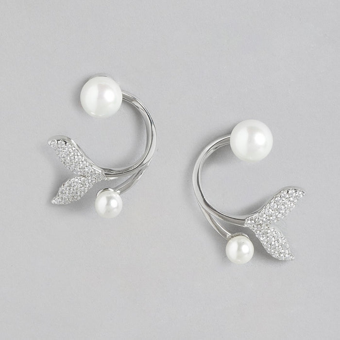 Pearl of the Sea Rhodium-Plated 925 Sterling Silver 2-Way Fish Tail Earrings