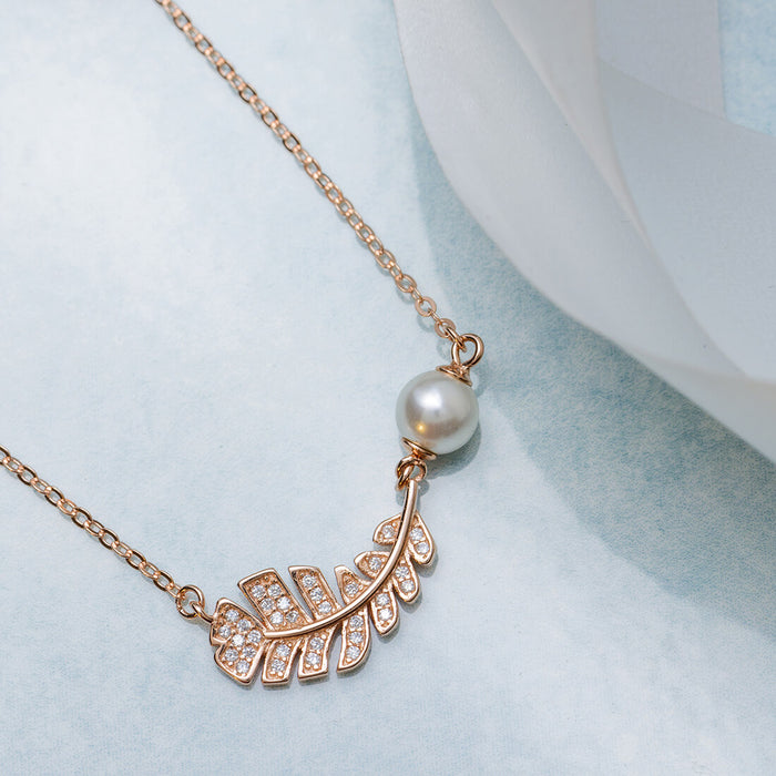 Pearl on Feather 925 Silver Necklace in Rose Gold