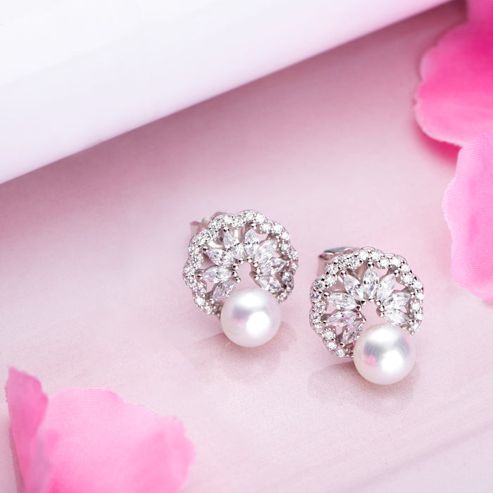 Pearl Petal Radiance Rhodium-Plated 925 Sterling Silver Flower Earring