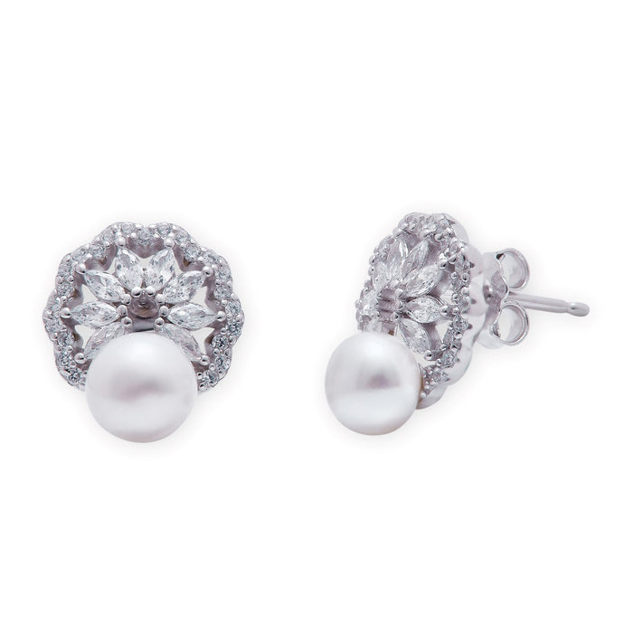 Pearl Petal Radiance Rhodium-Plated 925 Sterling Silver Flower Earring