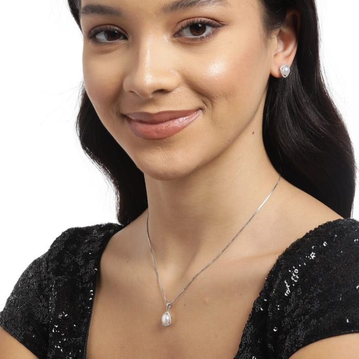Pearl Radiance Harmony Rhodium-Plated 925 Sterling Silver Jewelry Set