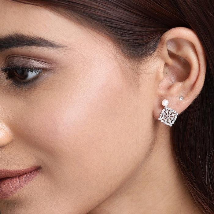 Pearl Square Radiance Rhodium-Plated 925 Sterling Silver Earrings